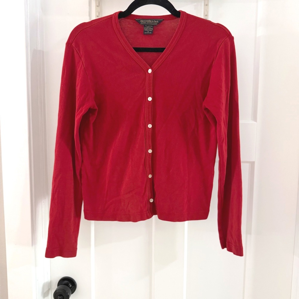 Vintage Y2K Abercrombie & Fitch Red V-Neck Button Front Cotton Cardigan Preppy S
